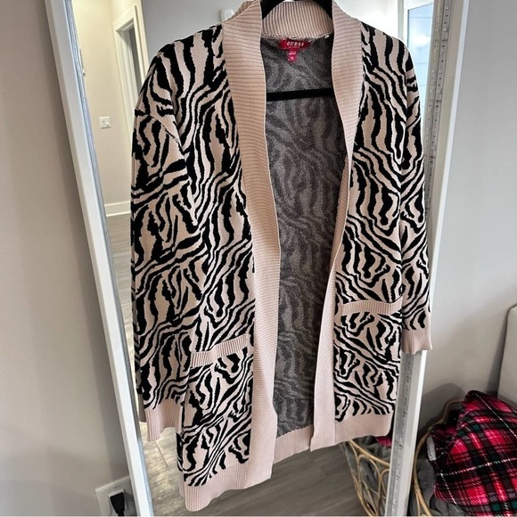 Guess Madam Zebra Printed Tan Thick Long Cardigan - Picture 5 of 16